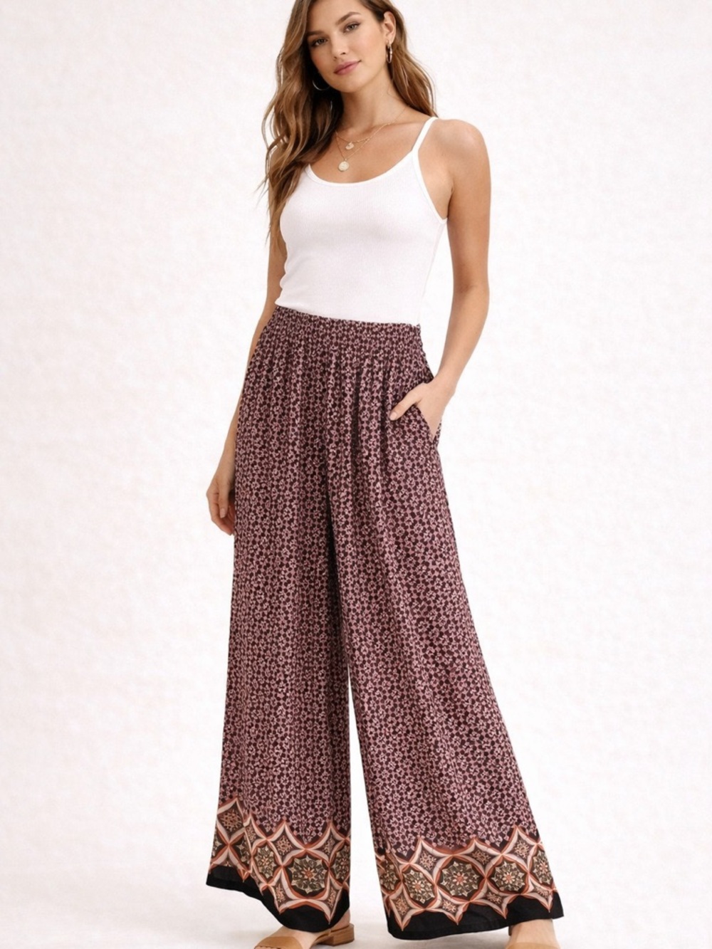 Max Studio Boho Palazzo Pants Wide Leg High Rise Flowy Resort Small